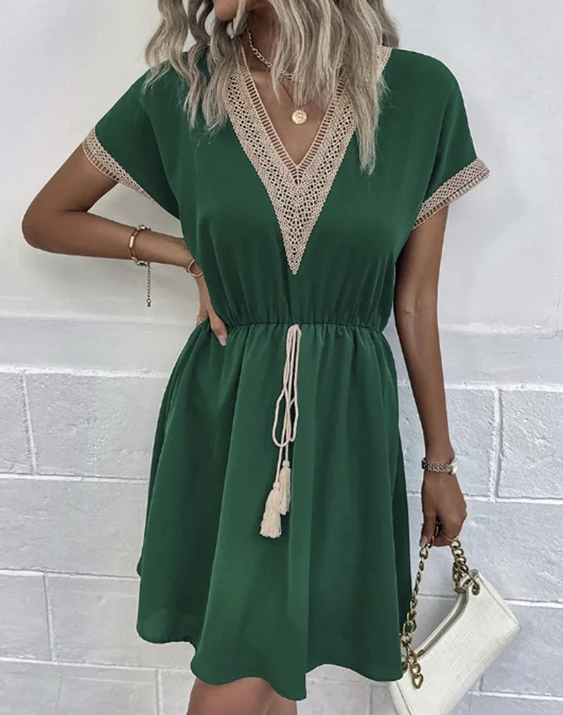 Elegant Women's Dress - 2024 Summer Solid Short Sleeve Lace Dress