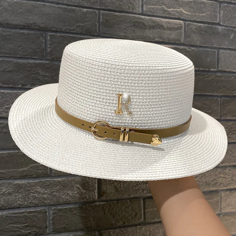 Summer Flat Top Straw Hat with Metal R for Women (PREMIUM Version)