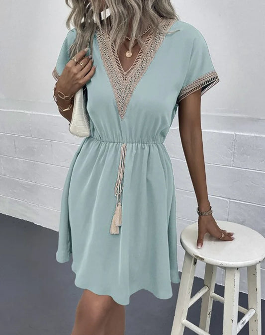 Elegant Women's Dress - 2024 Summer Solid Short Sleeve Lace Dress