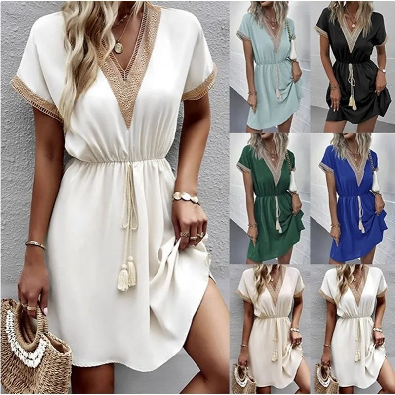 Elegant Women's Dress - 2024 Summer Solid Short Sleeve Lace Dress