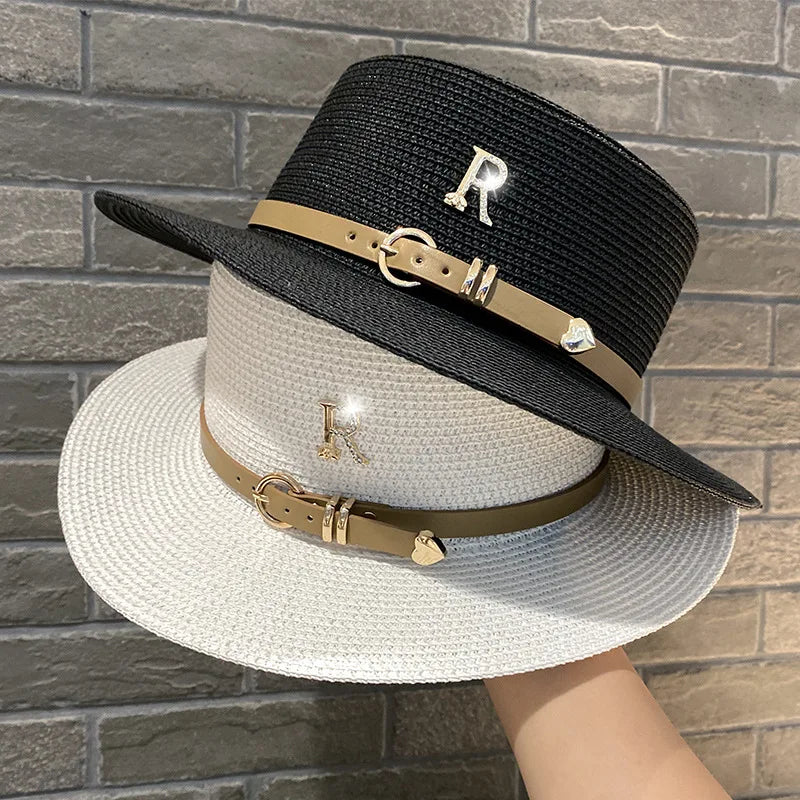 Summer Flat Top Straw Hat with Metal R for Women (PREMIUM Version)