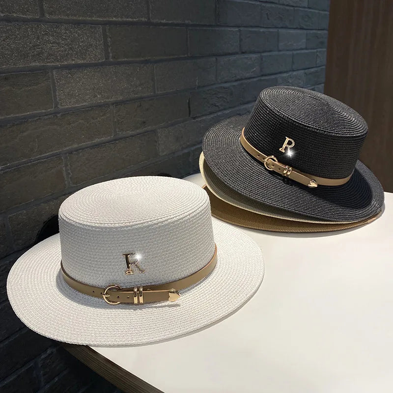 Summer Flat Top Straw Hat with Metal R for Women (PREMIUM Version)